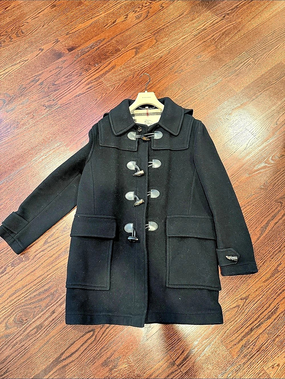 Burberry London Wool Duffle Coat Black Plaid Toggle Coat